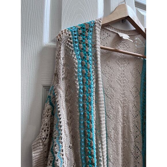 Chico’s Linen Open Crochet Fringe Hem Waist Tie Longline Cardigan Large Boho - Picture 5 of 10